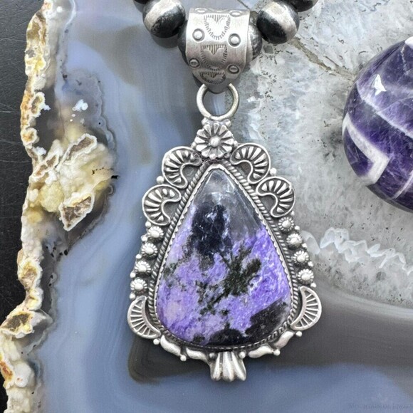 Sterling Silver Southwestern Style Elongated Teardrop Purple Charoite Pendant